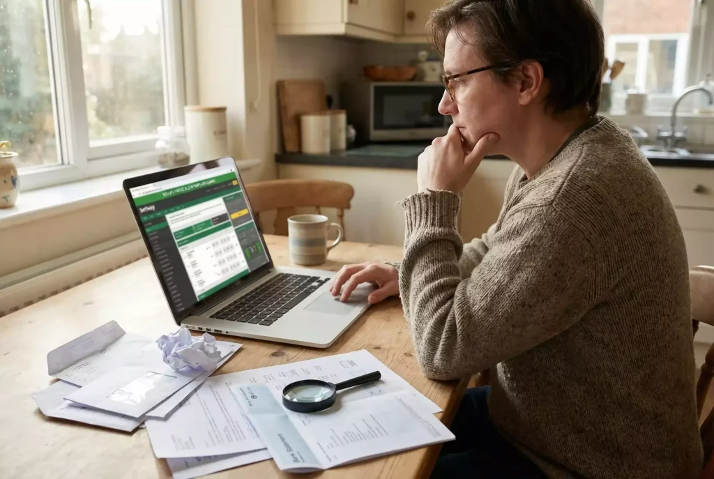 Person reviewing financial documents beside a laptop showing a UK bookmaker account with a restriction notice