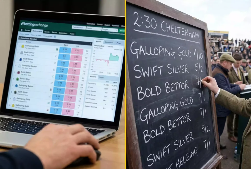 Split view comparing a betting exchange interface and a traditional bookmaker odds board for horse racing