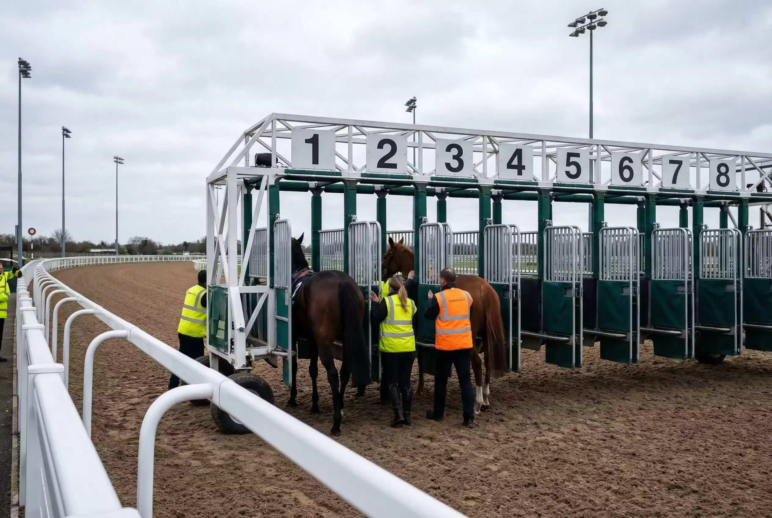 Starting stalls at Chelmsford City sprint chute showing low draw advantage on Polytrack