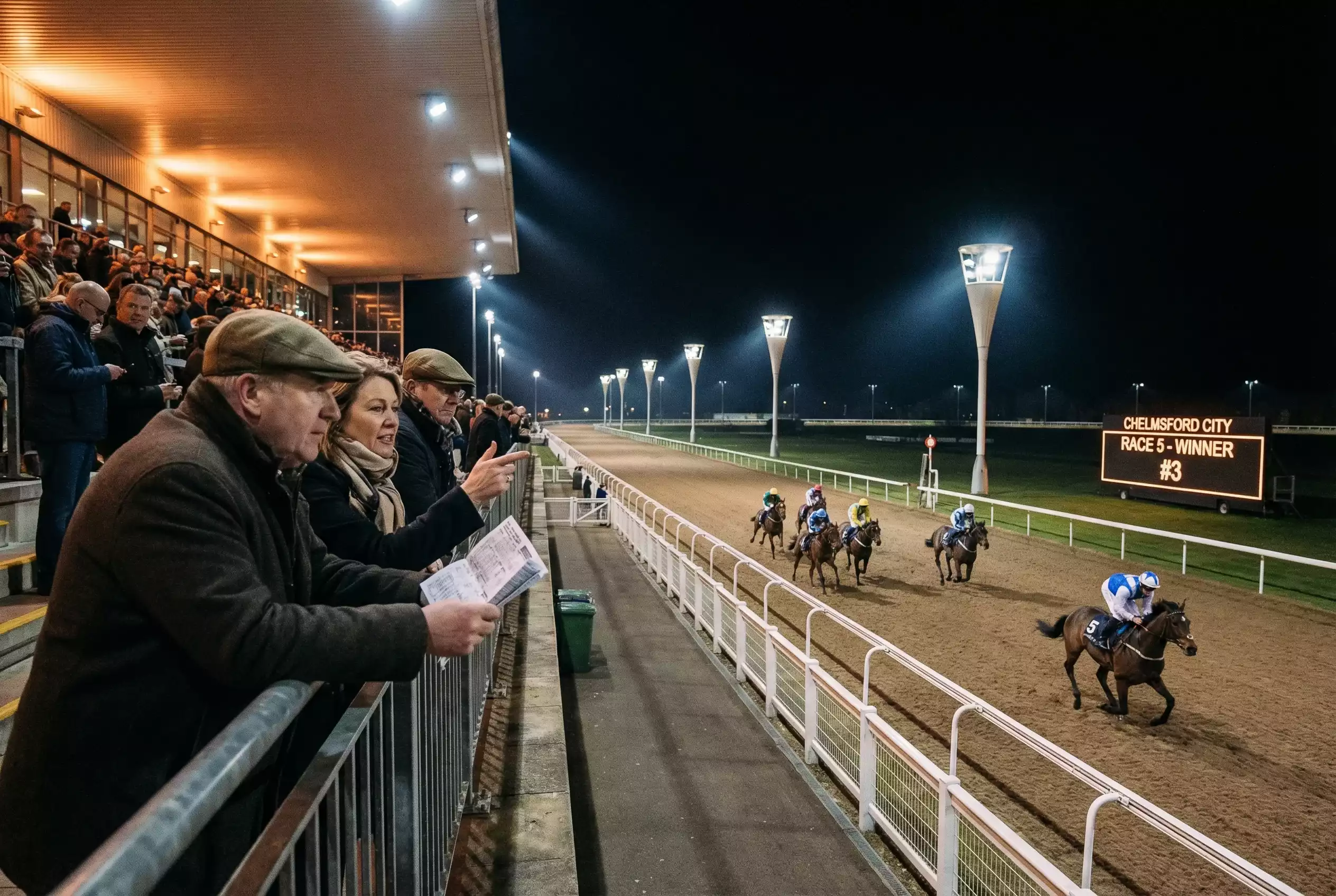 Chelmsford City floodlit evening race meeting with horses approaching the finish under artificial lights