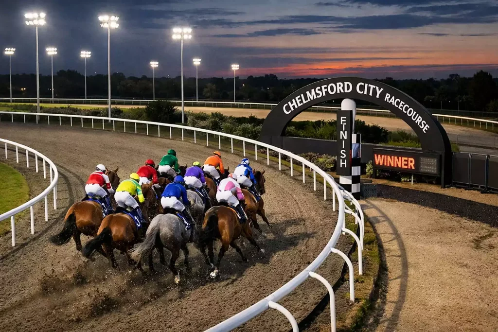 Horses rounding the bend at Chelmsford City in a one-mile race under floodlights on Polytrack