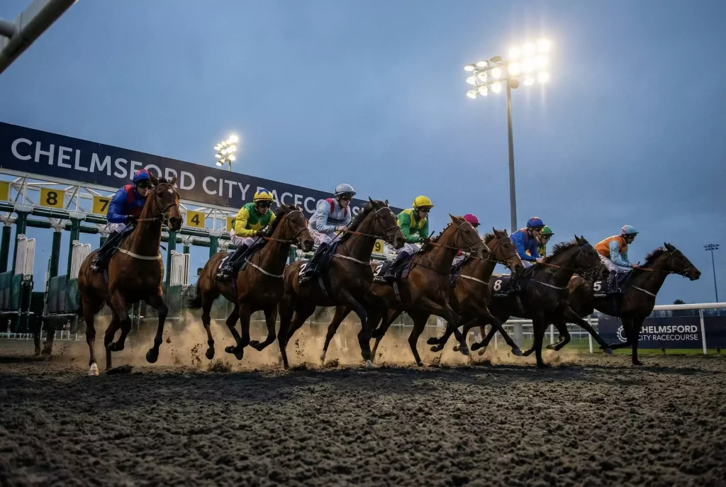 Horses breaking from the starting stalls at the five-furlong chute start at Chelmsford City Racecourse