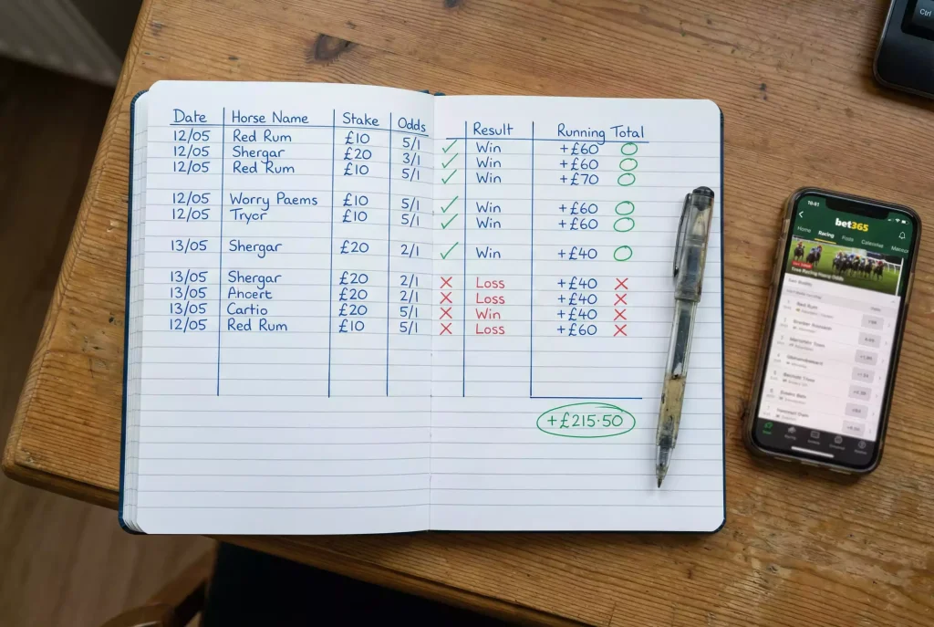 Notebook with a horse racing staking plan showing bet records and running profit-and-loss totals