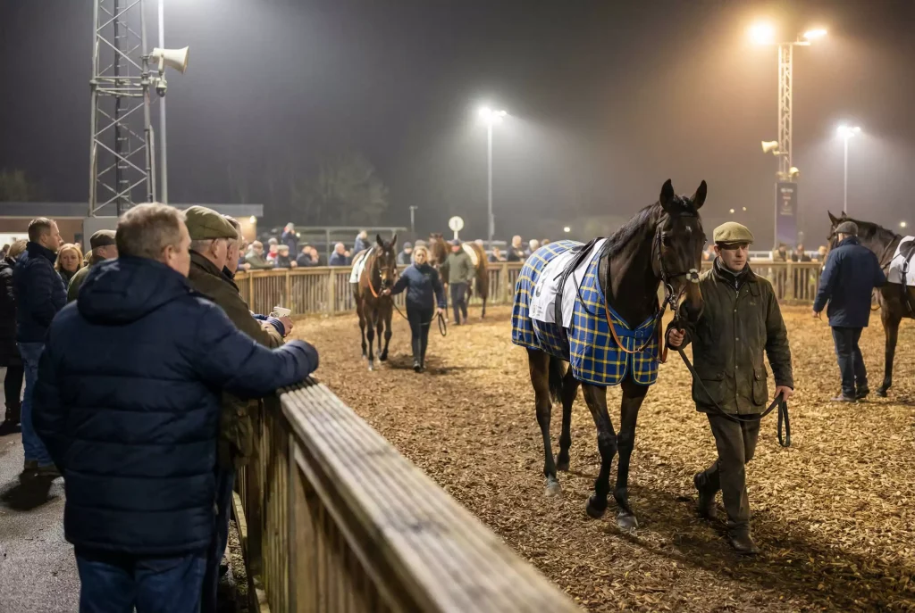 Thoroughbred racehorses being led around the parade ring at a UK all-weather racecourse before an evening race