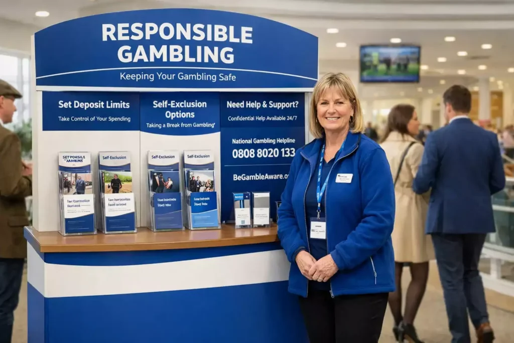 Information stand at a UK racecourse promoting responsible gambling tools and support helpline numbers