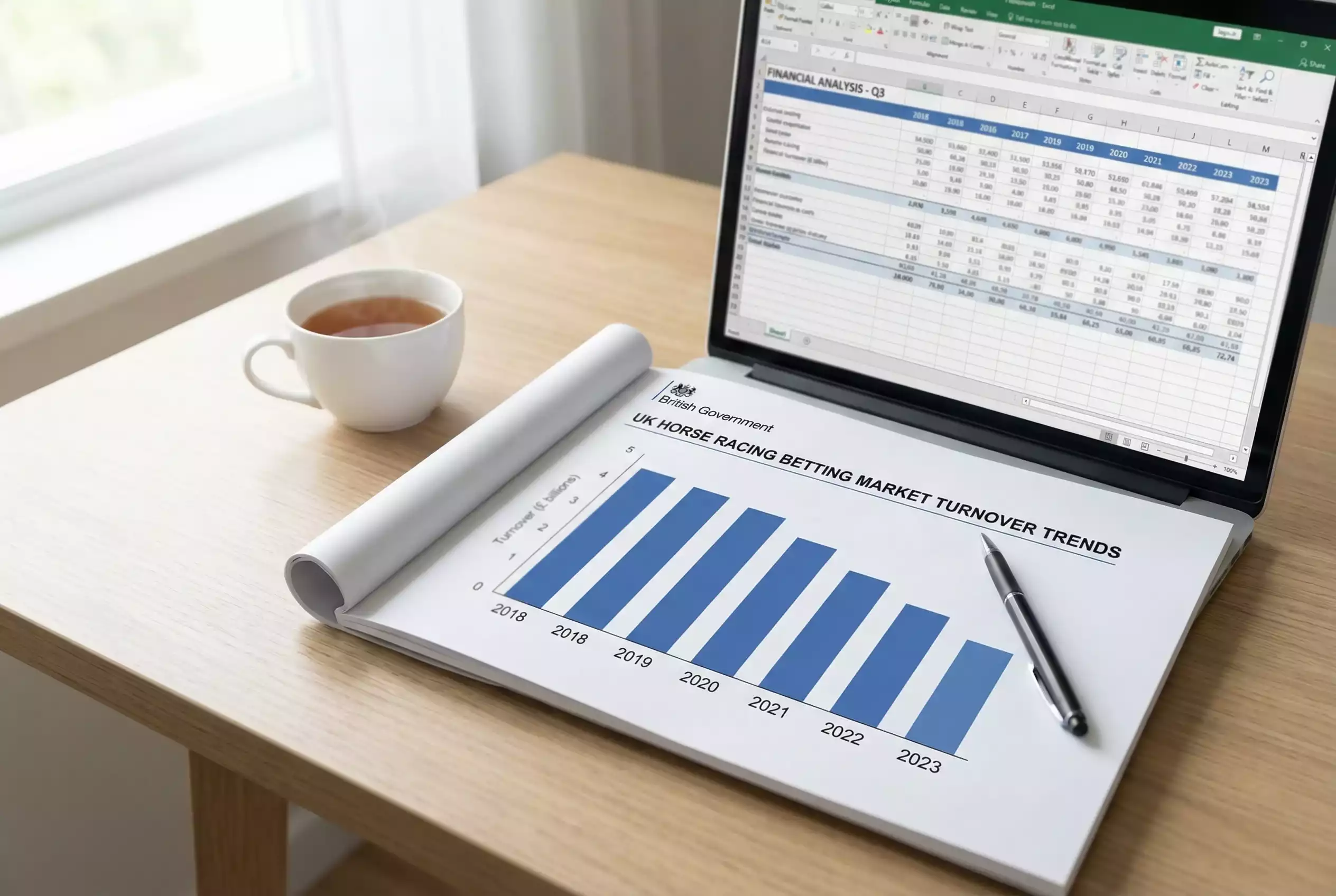 Analyst reviewing UK horse racing betting turnover data on a document showing declining market trends